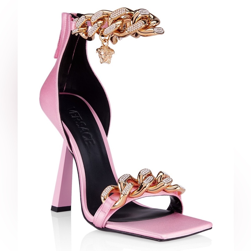 VERSACE Charm Crystal Chain High-Heel Sandals in PInk IT39/US9